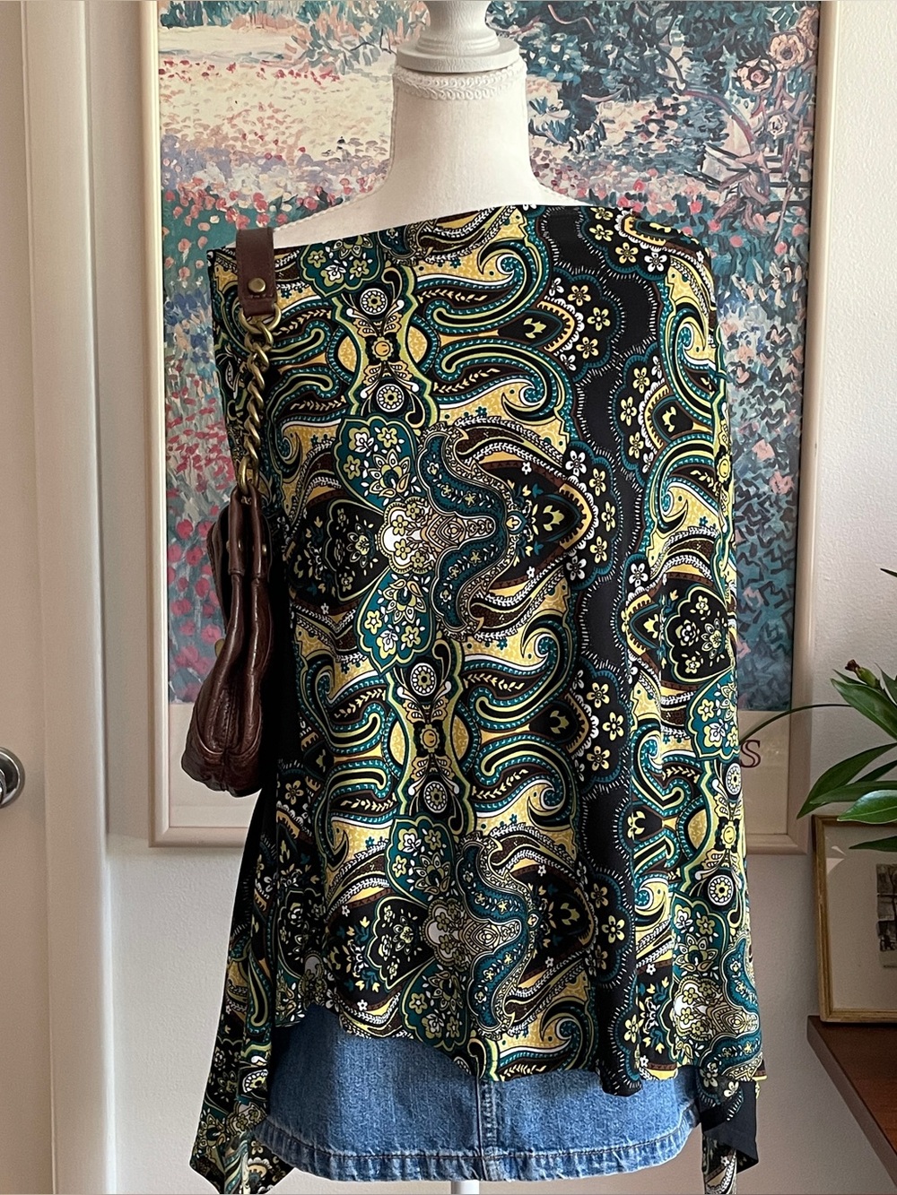 Paisley Poncho Small Teal Green Brown Wrap Shrug Boho Whimsy Festival Granola